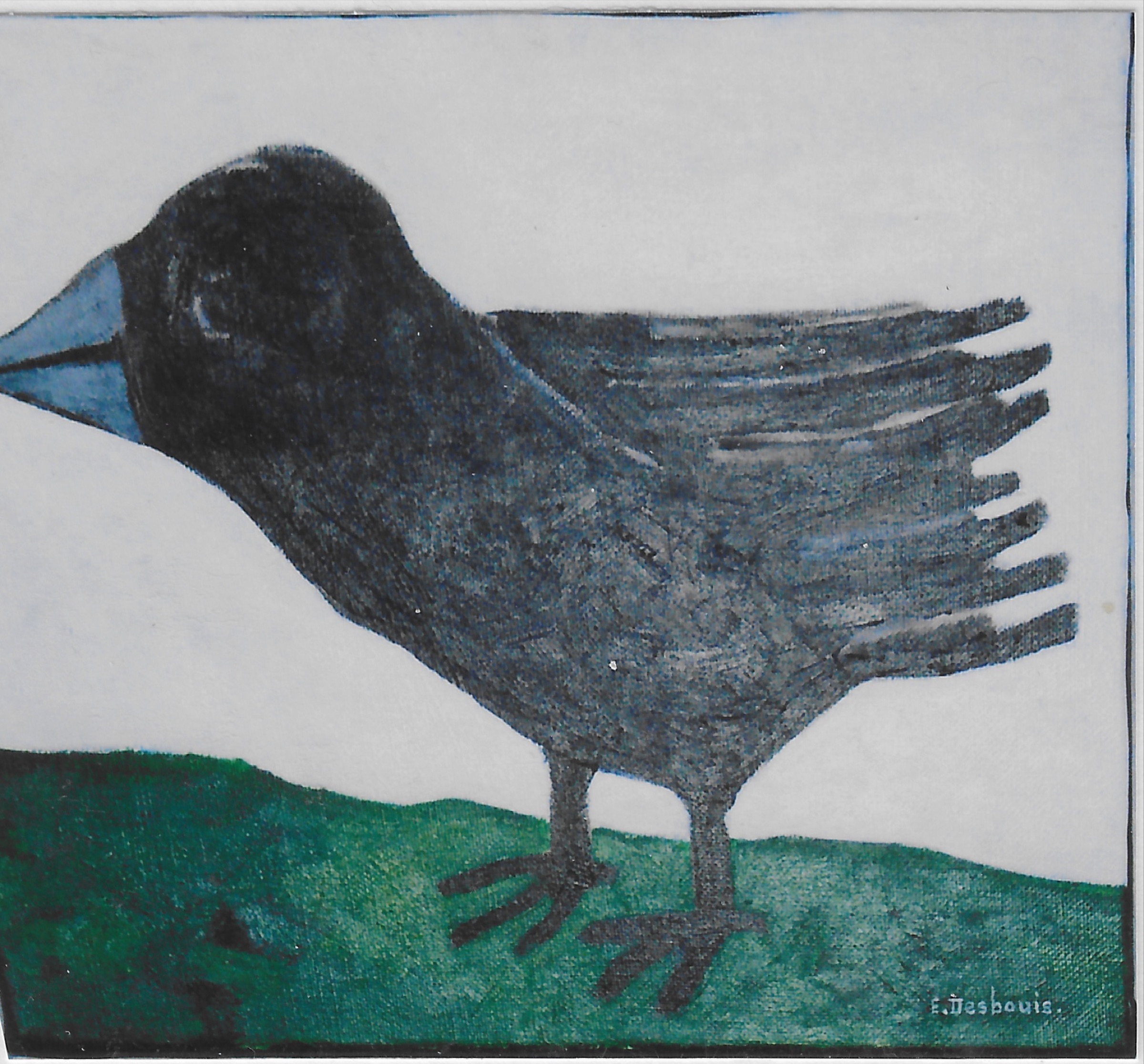 Oiseau noir à bec gris se dirige vers la gauche, sol vert, fond blanc