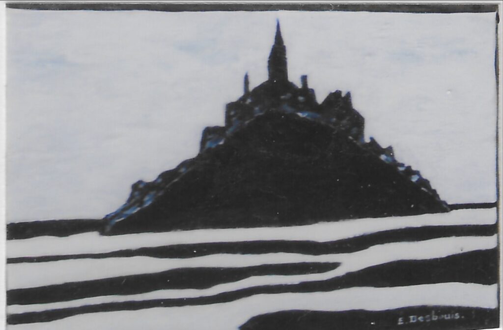Mont St Michel, comme une proue de bateau, baie en bades noires et balnches d’épaisseurs différentes.