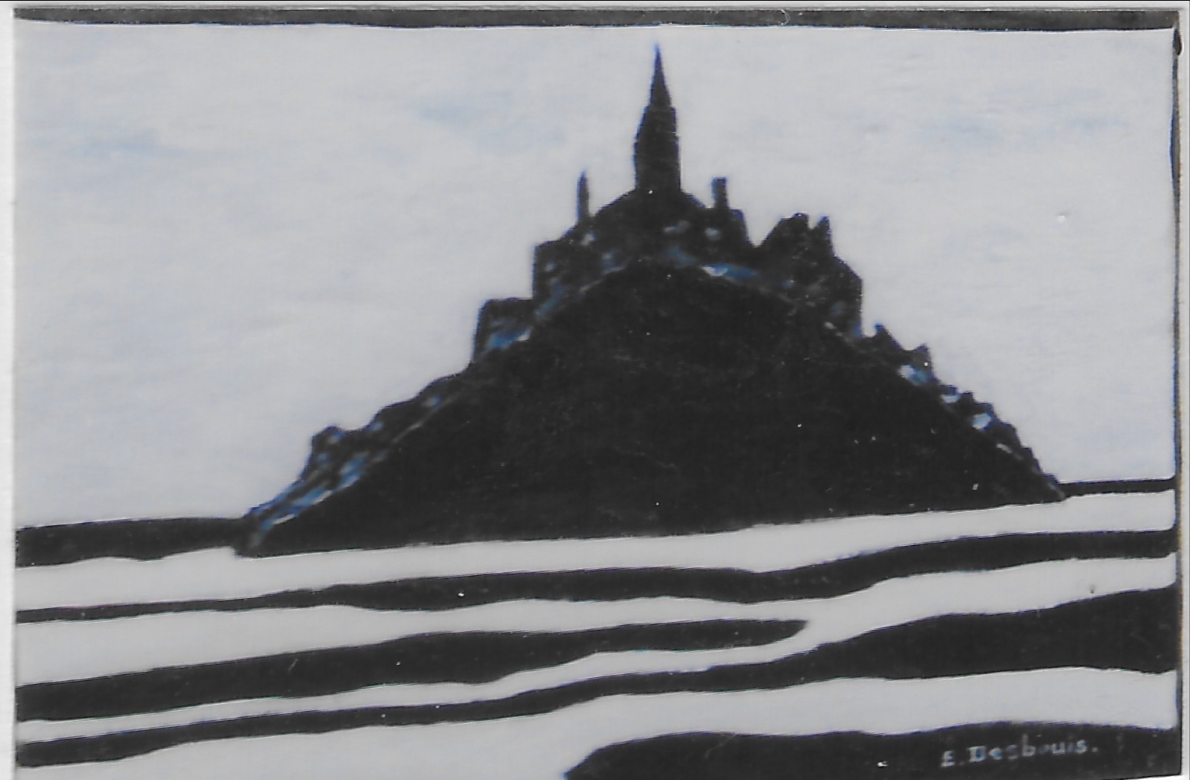 Mont St Michel, comme une proue de bateau, baie en bades noires et balnches d’épaisseurs différentes.