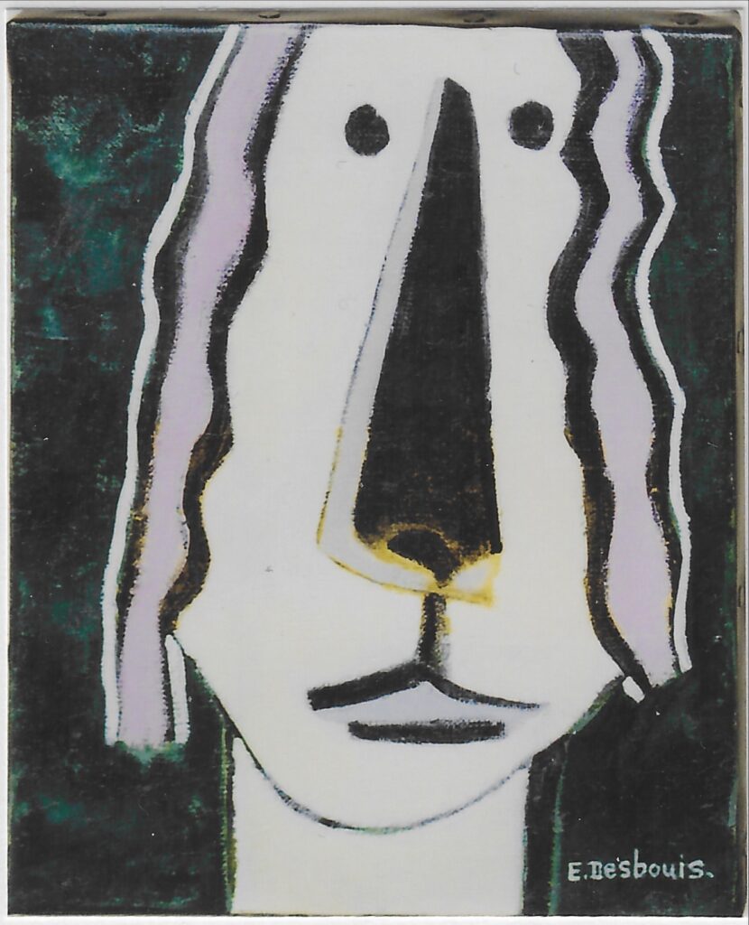 Portrait de face, très gros nez triangulaire noir, cheveux mi-long rose, fond vert