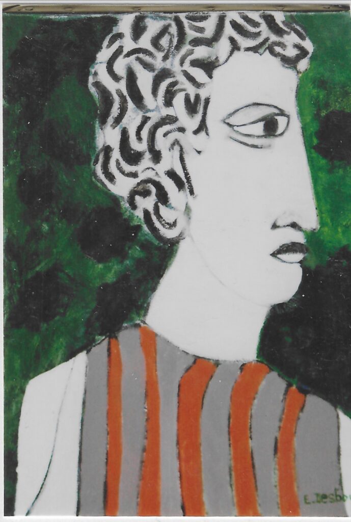 Profil droit, gros œil, pull sansmanche rayé gris et orange, fond verts