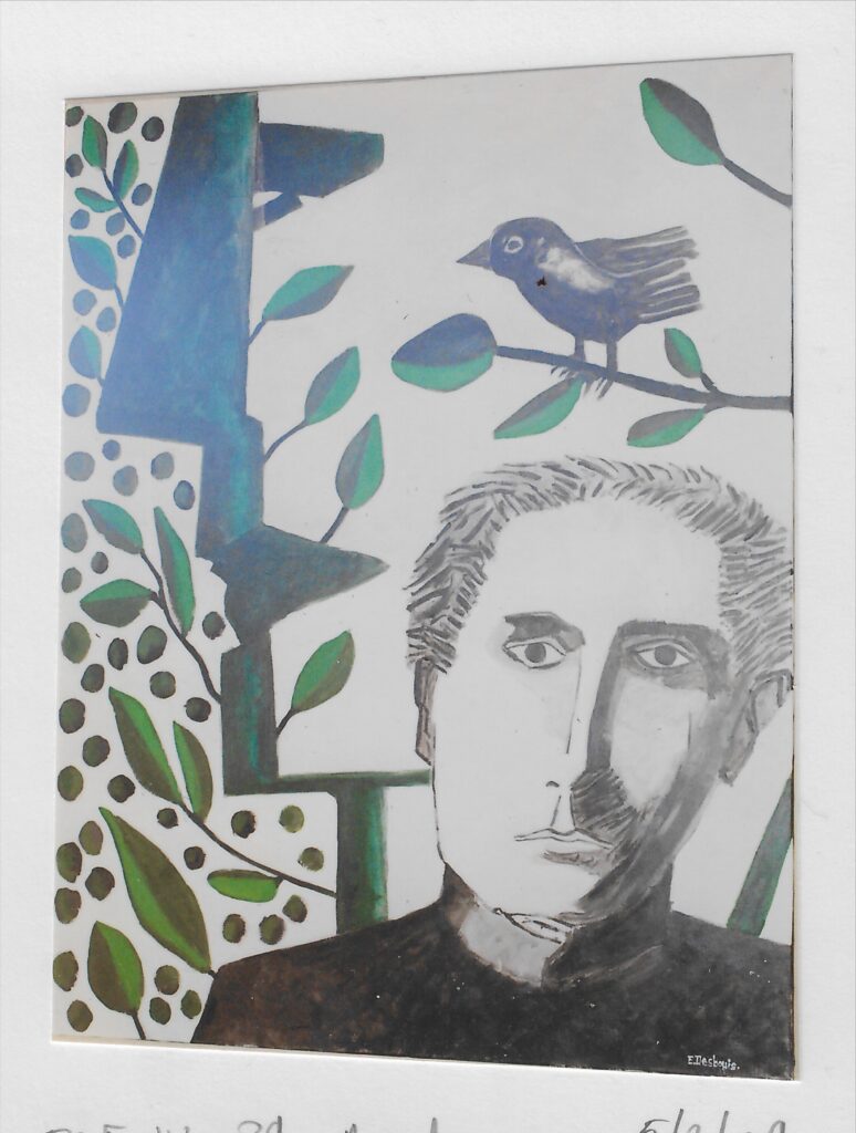 Portrait homme en noir et blanc, derrière lui à gauche, sihouette verte feuillue, au dessus de lui un oiseau noir et blanc sur une branche à feuilles vertes
