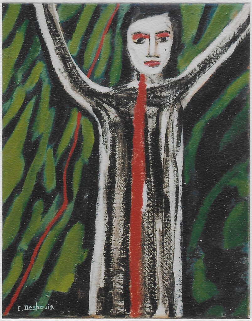 Fond vert et noir, personnage bras levés, vêtement blanc avec trainées noires et une bande verticale rouge