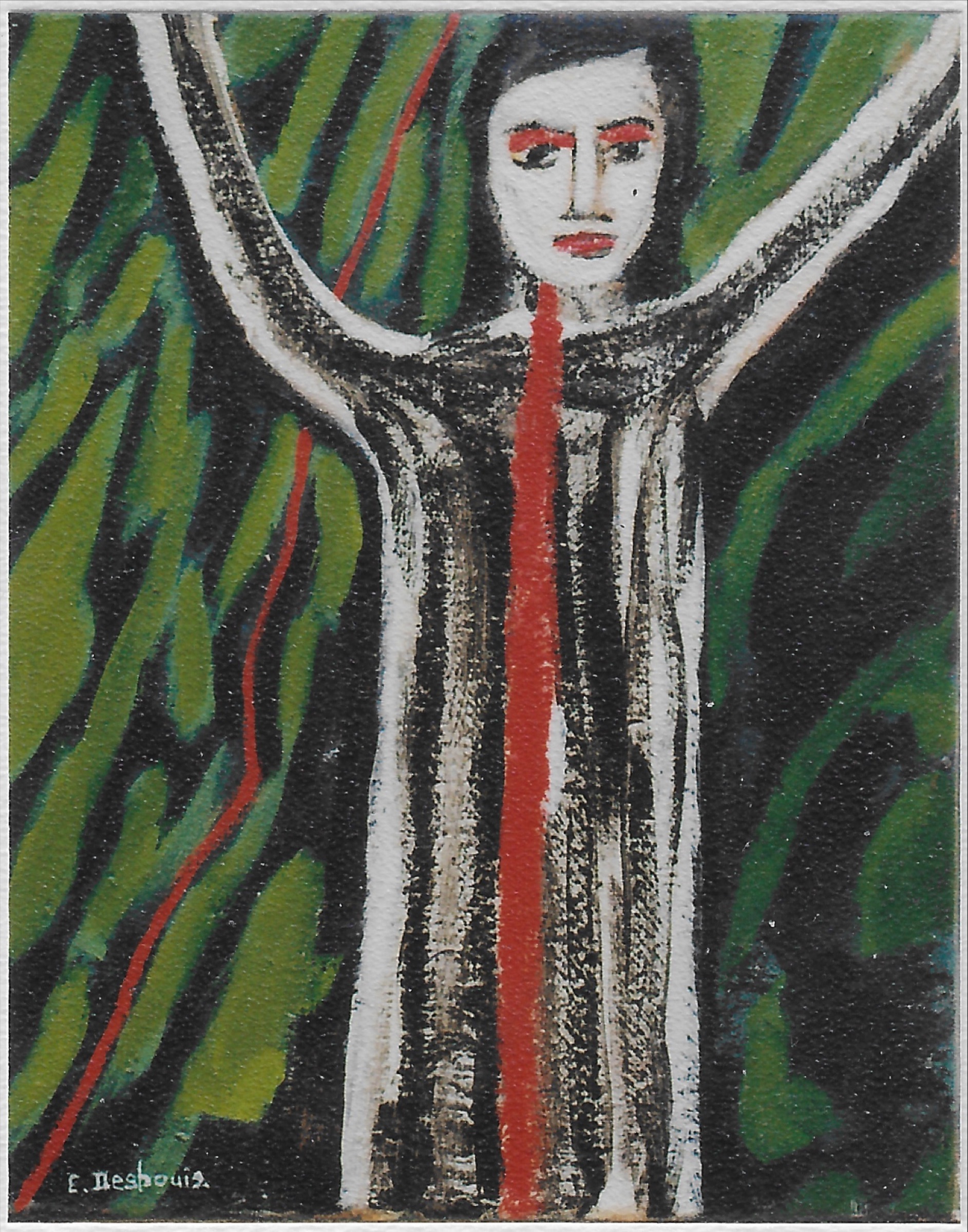 Fond vert et noir, personnage bras levés, vêtement blanc avec trainées noires et une bande verticale rouge