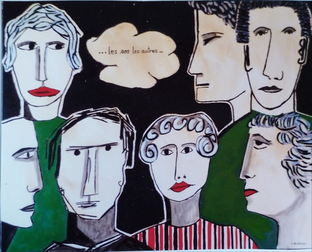 4 portraits de face et 3 de profil, un nuage crème au milieu d’eaux avec « ...les uns les autres »