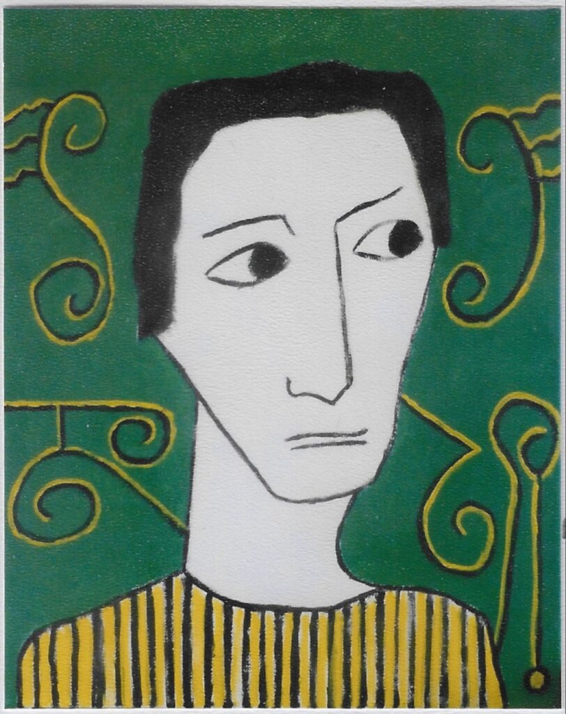 Portrait blanc et noir, pull rayé jaune te noir, fond vert à volutes jaunes rehaussées de noir