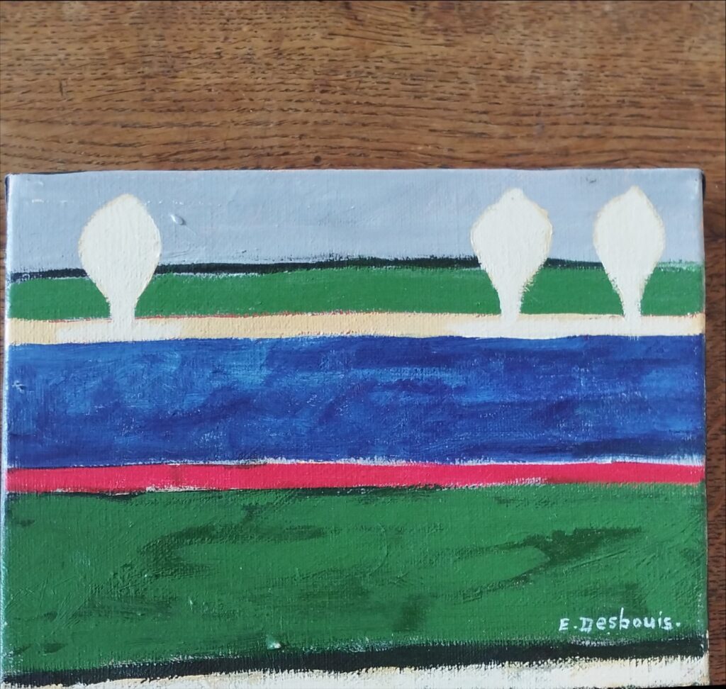 acrylique sur toile. Paysage fait de bandes différentes, de bas en haut : beige, noir, verte, rouge, bleue, beige avec 1 arbre beige à gauche et 2 à droite, une bande verte puis une grise. Signature en bas à droite